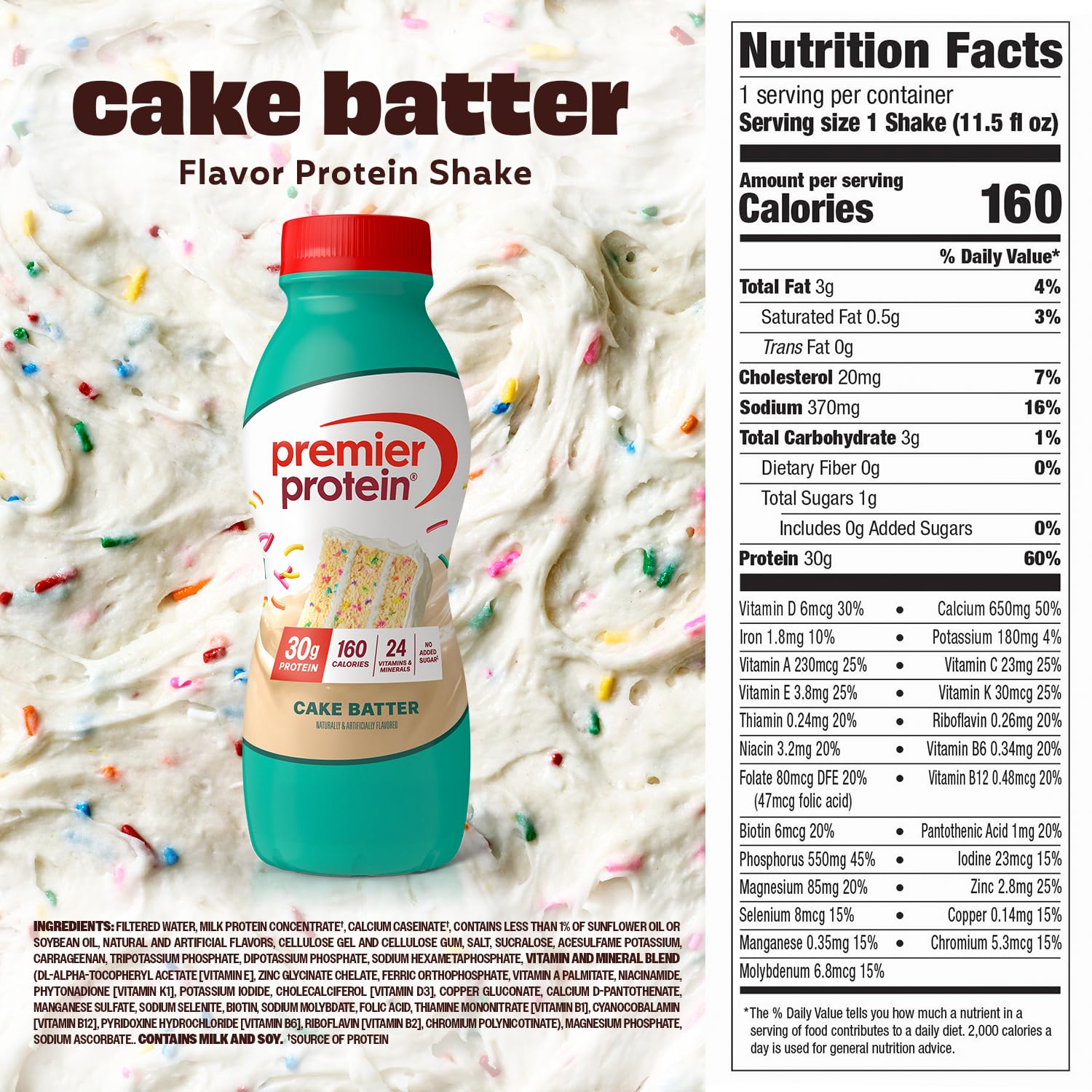 Premier Protein Cake Batter shake with fruit garnish for a balanced breakfast.