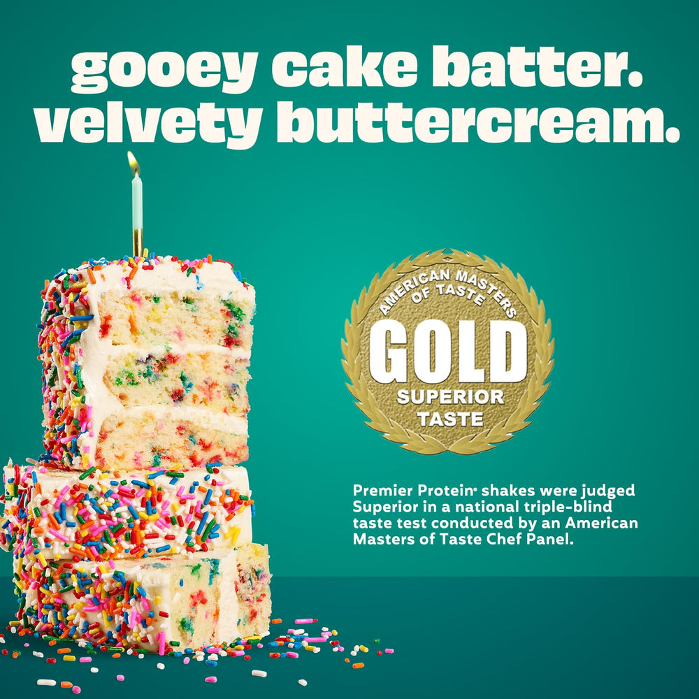 Premier Protein Cake Batter bottle with nutrition label visible for informed choices.
