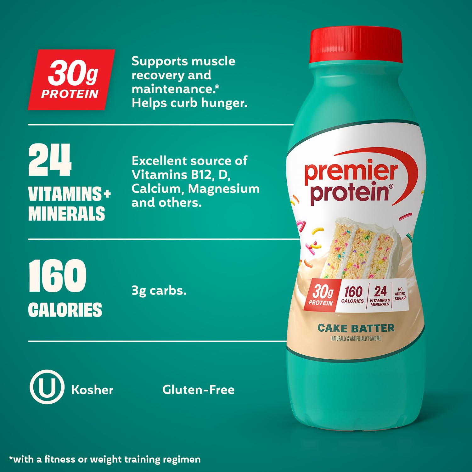 Premier Protein Cake Batter shake being poured into a glass for a quick snack.