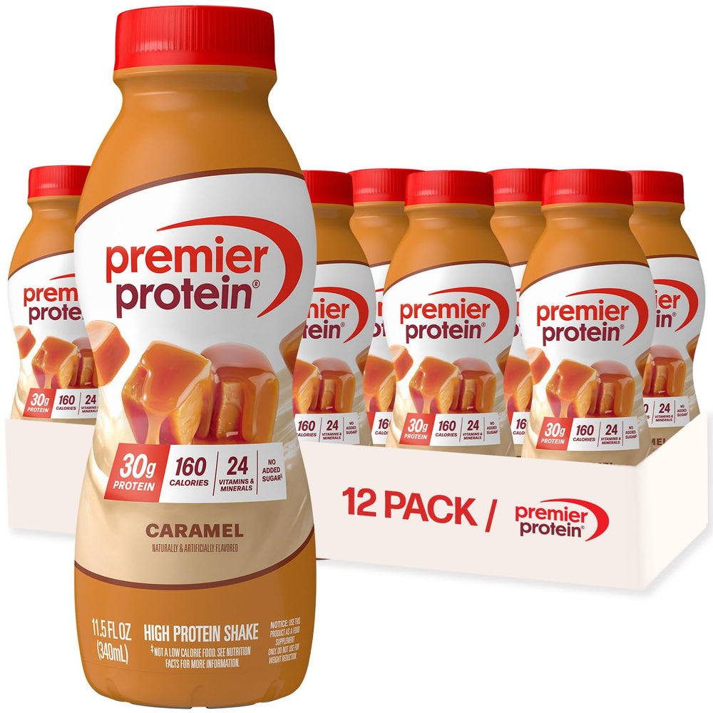 Premier Protein Shake Caramel bottle, protein-rich drink for quick nourishment