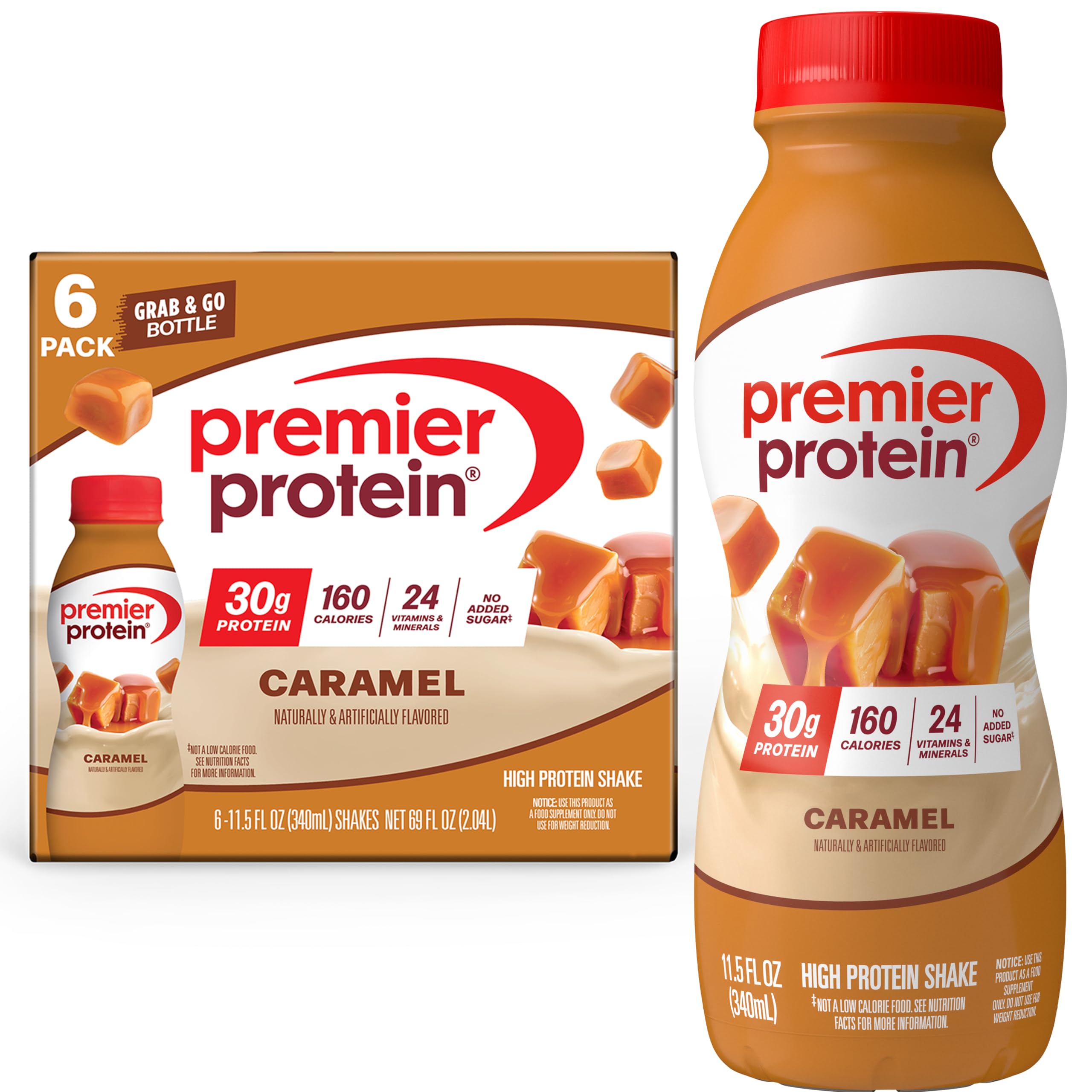 Premier Protein Shake Caramel bottle, convenient on-the-go protein for busy days.