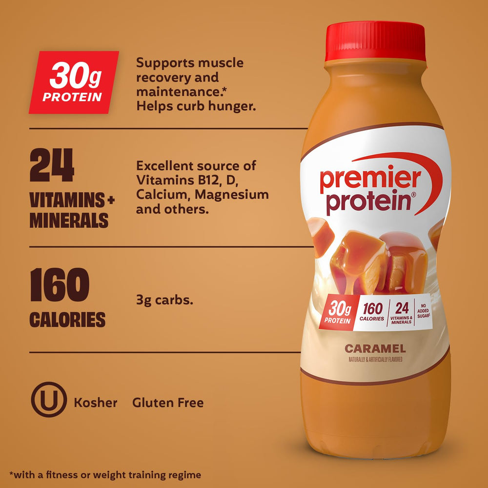 Premier Protein Shake Caramel pour into glass, refreshing post-workout option
