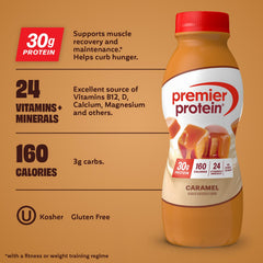 Premier Protein Shake Caramel pour into glass, refreshing post-workout option