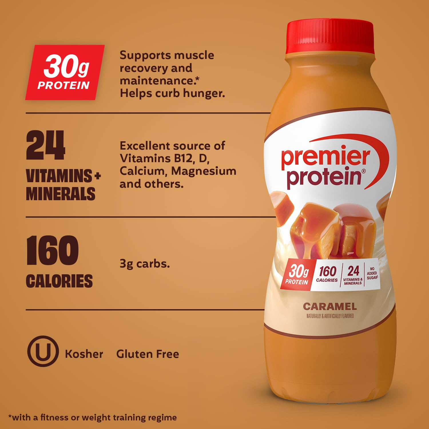 Premier Protein Shake caramel pour into glass highlights smooth, satisfying texture.