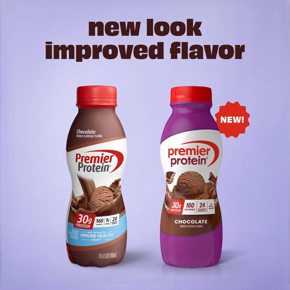 Premier Protein Shake chocolate bottle closeup highlighting 30g protein per serving.