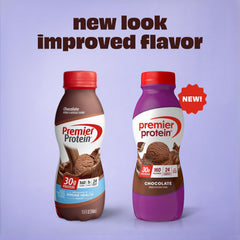 Premier Protein Shake chocolate bottle closeup highlighting 30g protein per serving.