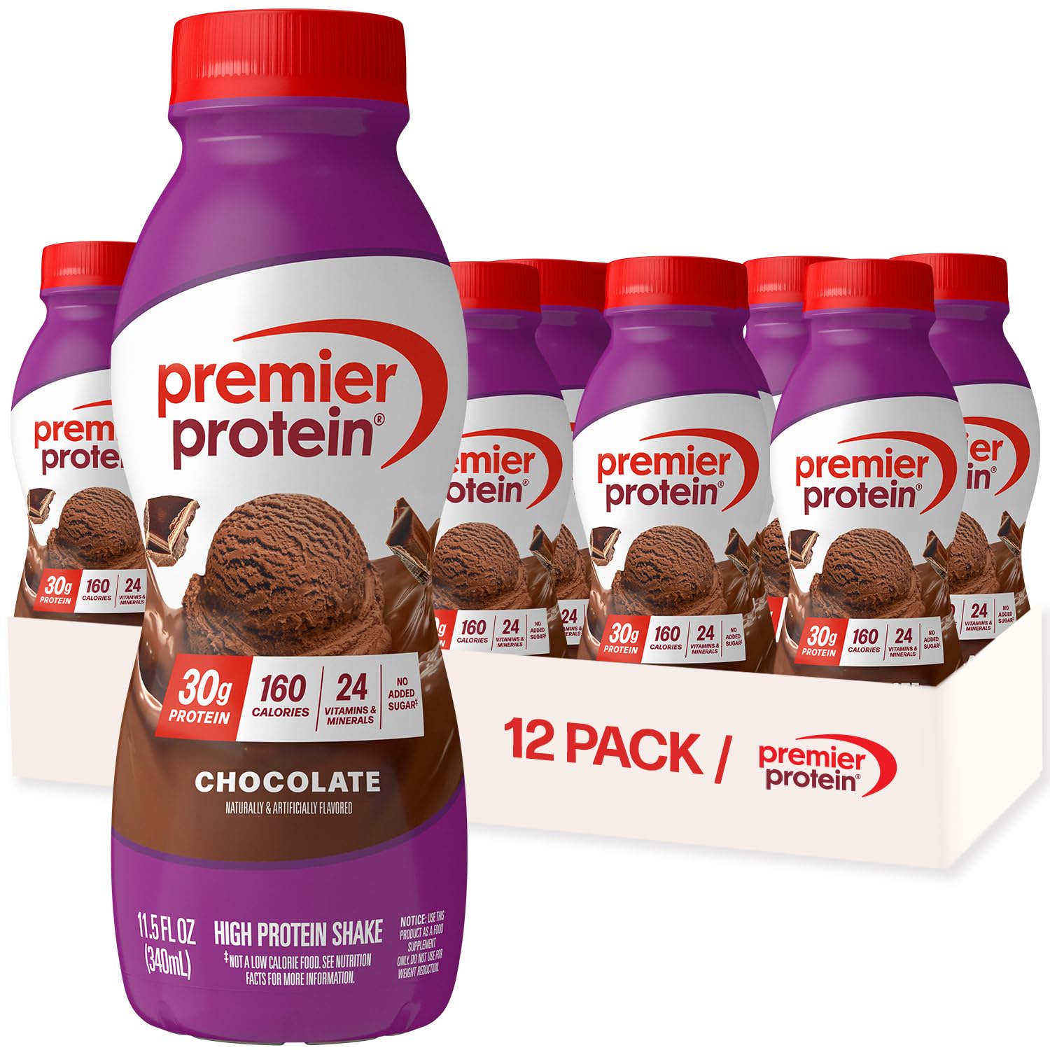 Premier Protein Shake chocolate bottle being poured for a quick high-protein breakfast.