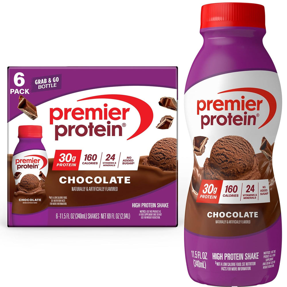 Premier Protein Chocolate shake bottle with creamy chocolate flavor for a quick protein boost.