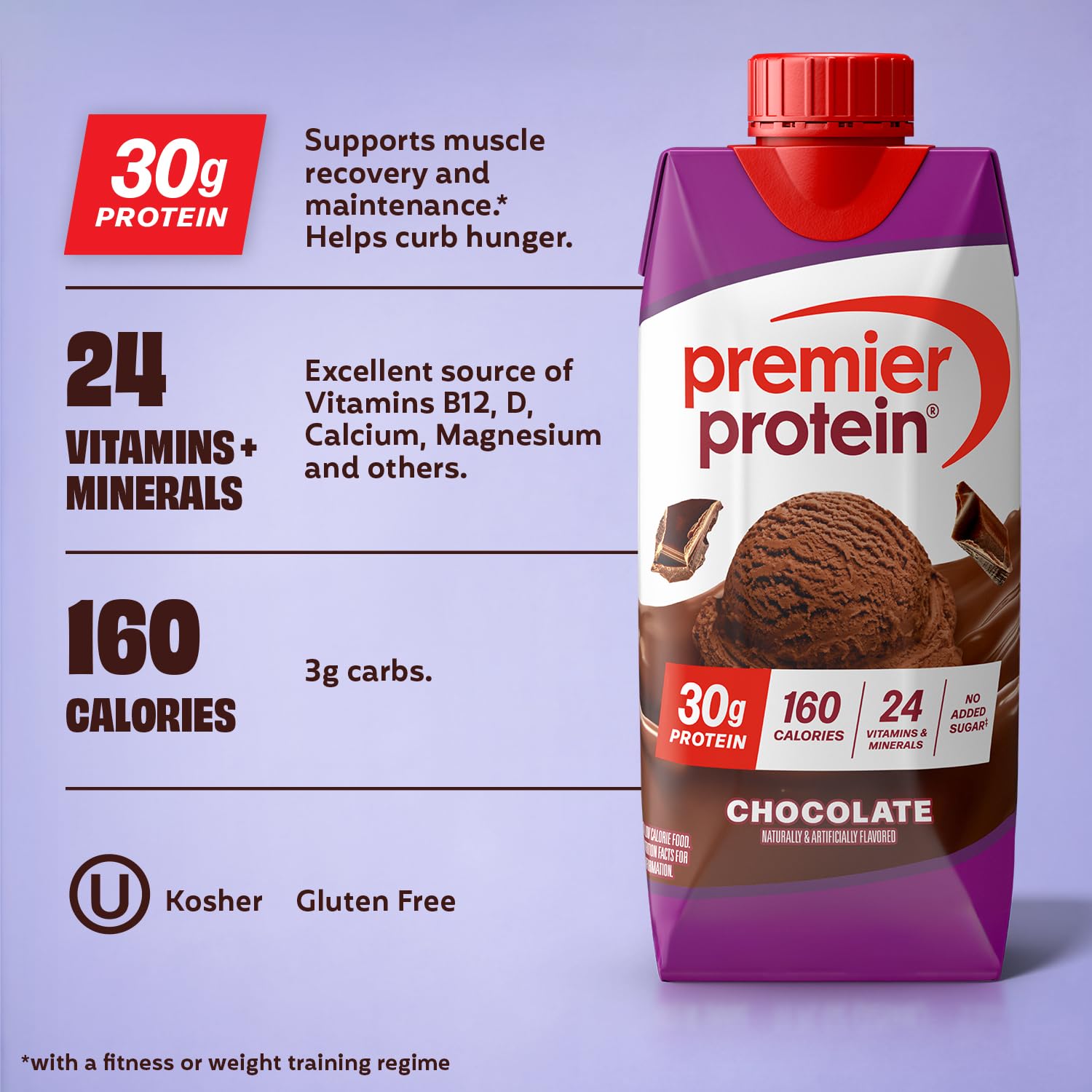 Premier Protein Shake Chocolate nutrition label highlights 30g of protein per serving.