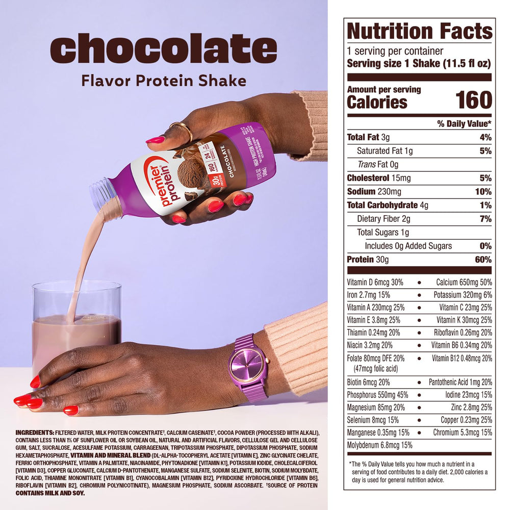 Premier Protein Shake chocolate nutrition label notes 24 vitamins and minerals.