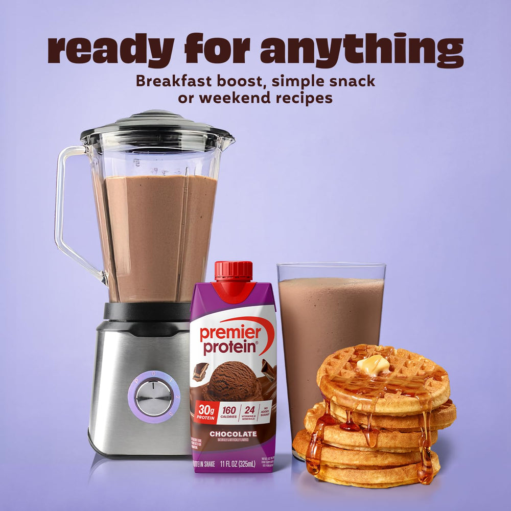 12-pack Premier Protein Shake Chocolate on display for easy shopping.