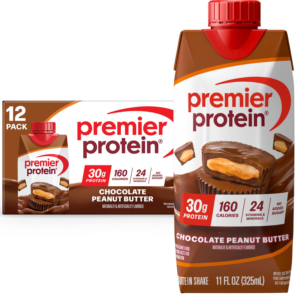 Premier Protein Shake Chocolate Peanut Butter bottle shows ready-to-drink nutrition.
