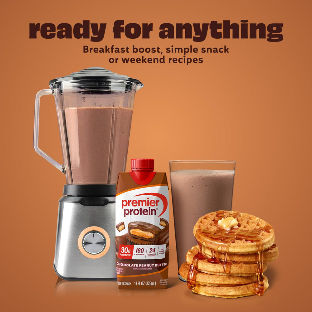 Premier Protein Shake Chocolate Peanut Butter close-up label highlights 30g protein per serving.