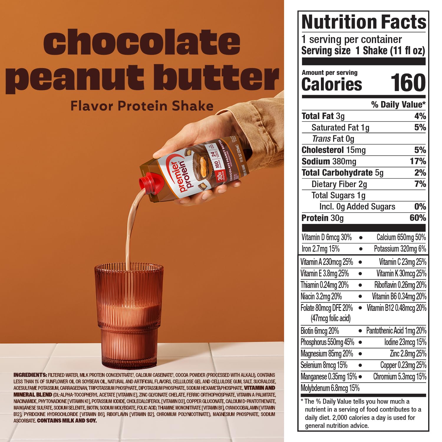 Premier Protein Shake Chocolate Peanut Butter being poured into a glass.