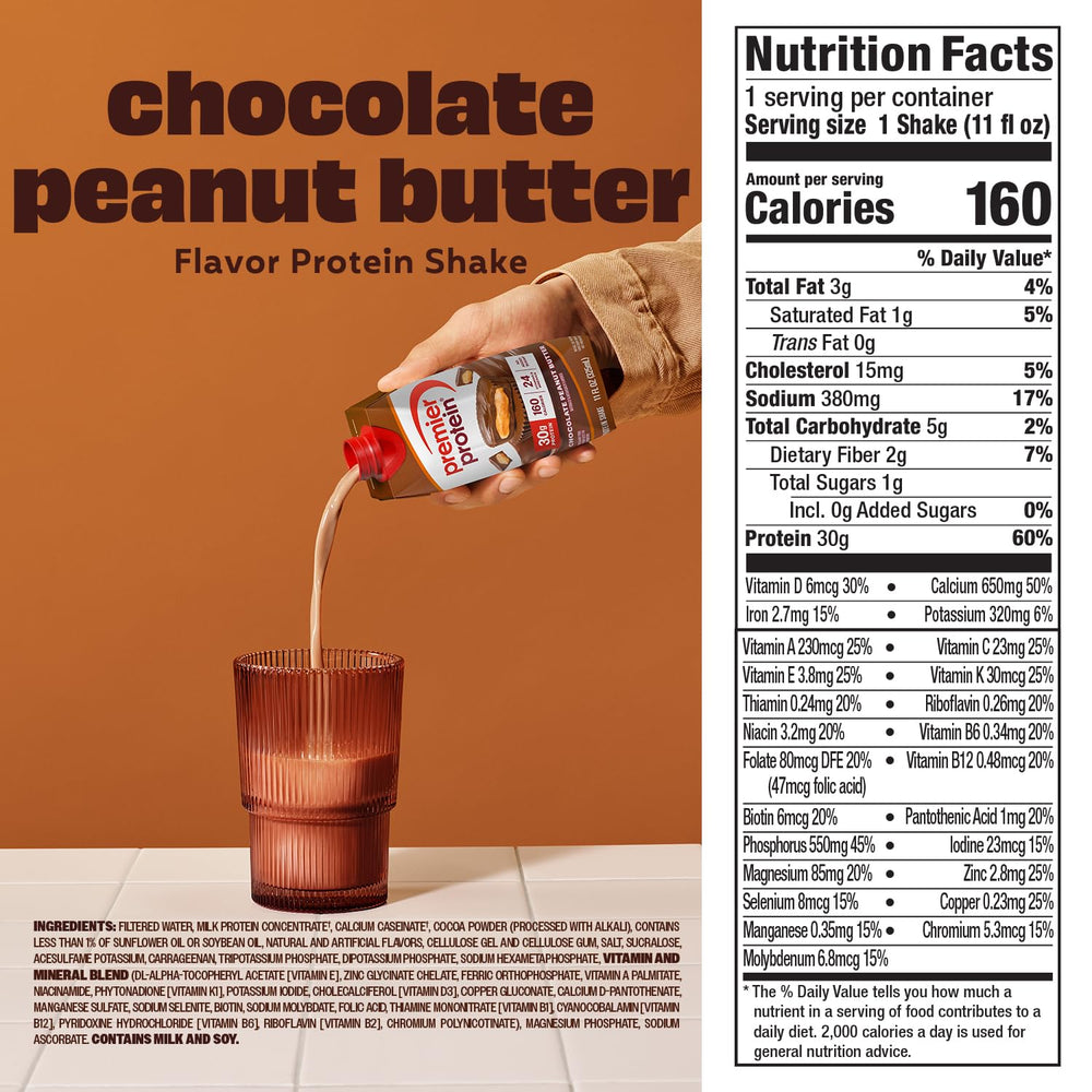 Premier Protein Shake Chocolate Peanut Butter being poured into a glass.