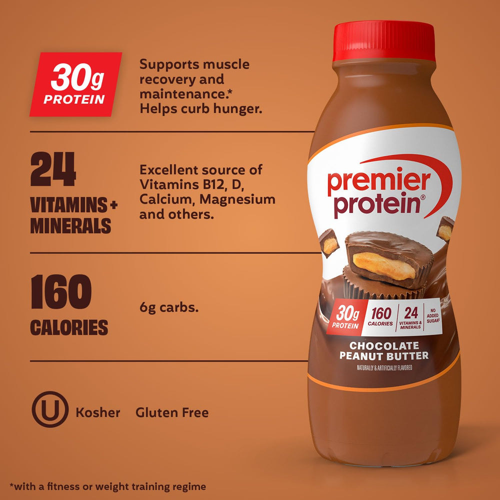 Pour of Premier Protein Shake Chocolate Peanut Butter into a glass