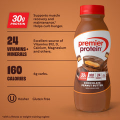 Pour of Premier Protein Shake Chocolate Peanut Butter into a glass