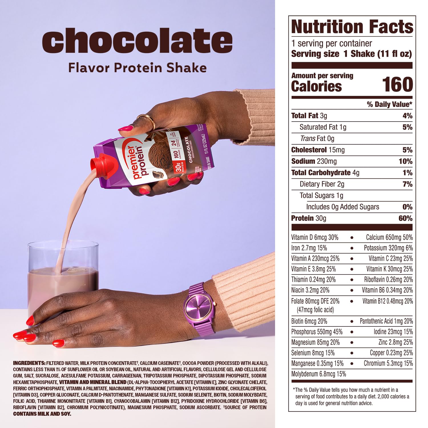 Premier Protein Shake Chocolate pour into glass after a workout for rapid recovery.
