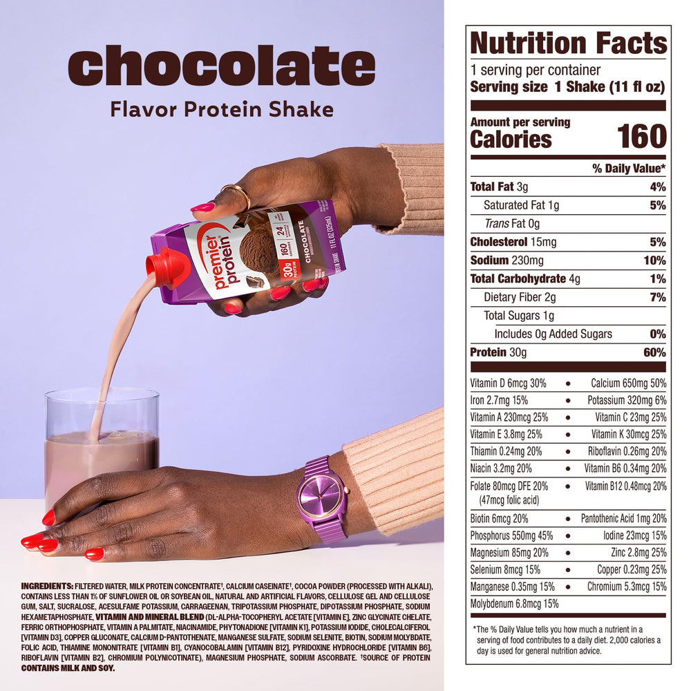 Premier Protein Shake Chocolate pour into glass after a workout for rapid recovery.