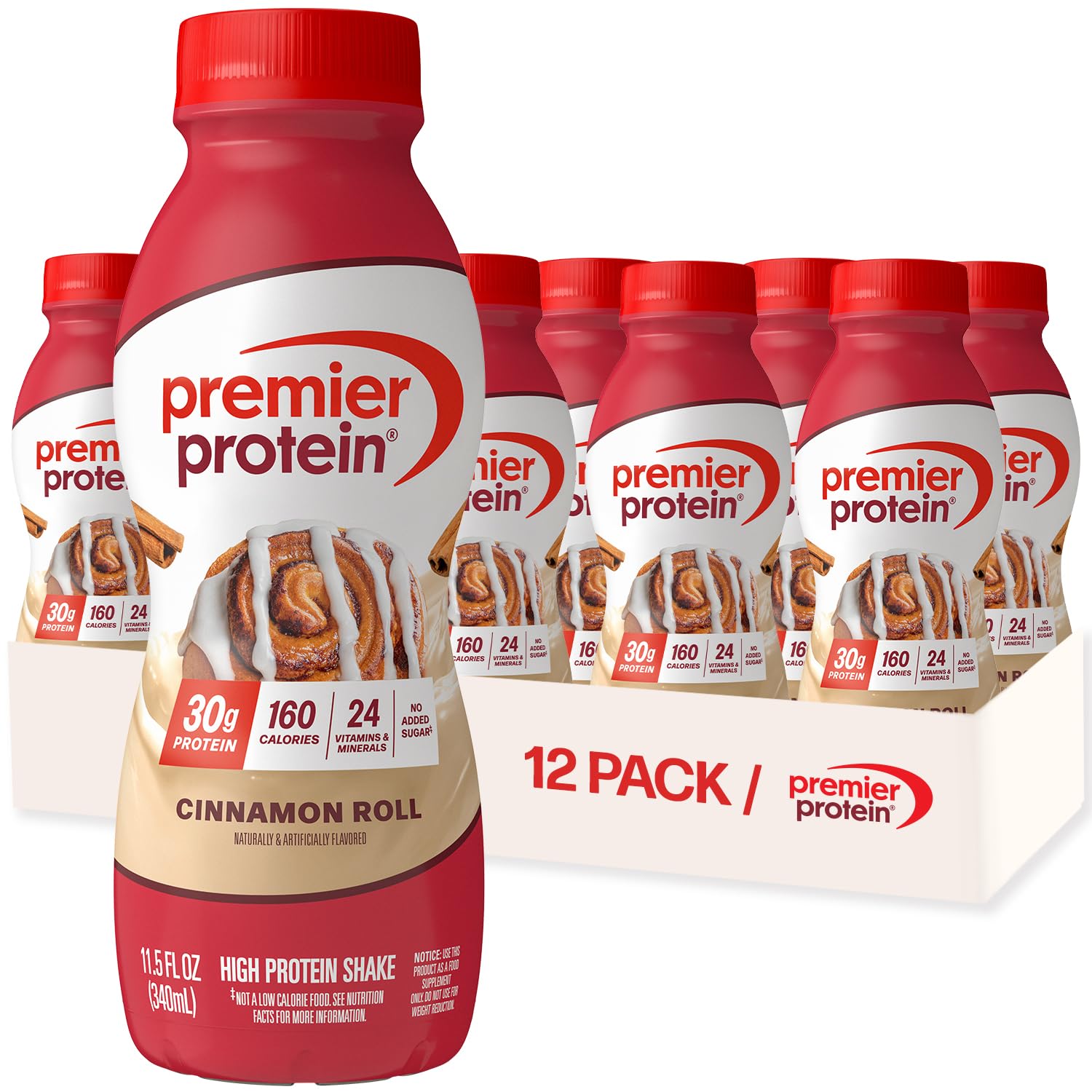 Premier Protein Shake Cinnamon Roll bottle shown for on-the-go fueling with 30g protein