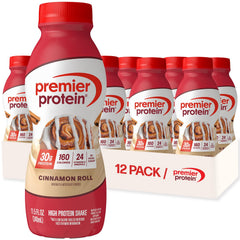 Premier Protein Shake Cinnamon Roll bottle shown for on-the-go fueling with 30g protein