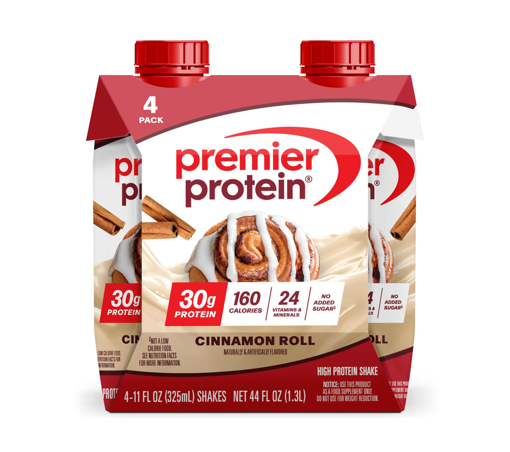 Premier Protein Cinnamon Roll shake bottle with icing-inspired flavor for a quick high-protein snack