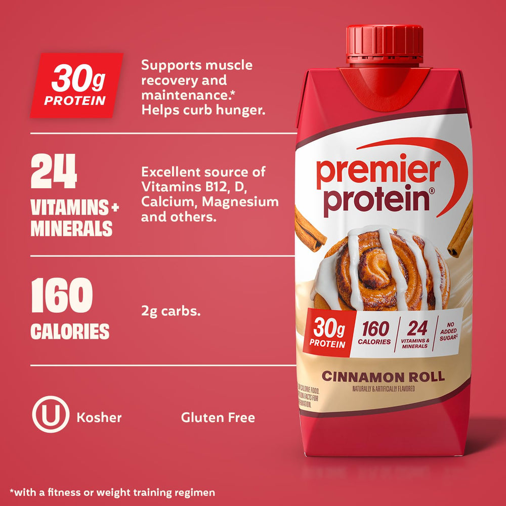 Premier Protein Cinnamon Roll shake in a glass highlighting creamy texture and flavor