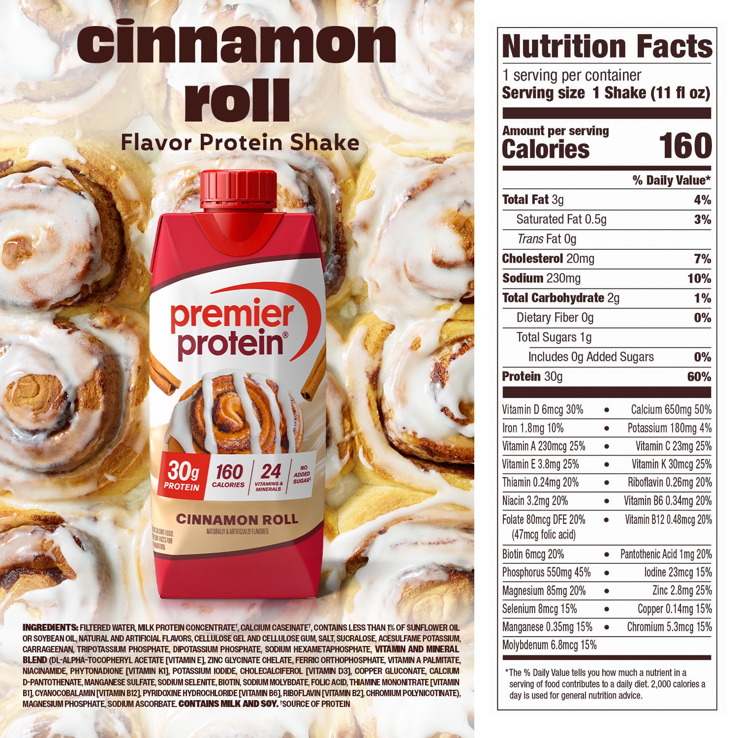 Nutrition panel of Premier Protein Shake Cinnamon Roll shows 30g protein and 1g sugar