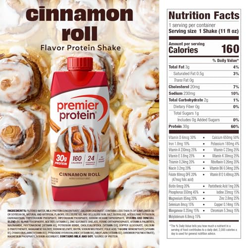 Premier Protein Cinnamon Roll shake being poured for a convenient breakfast or post-workout