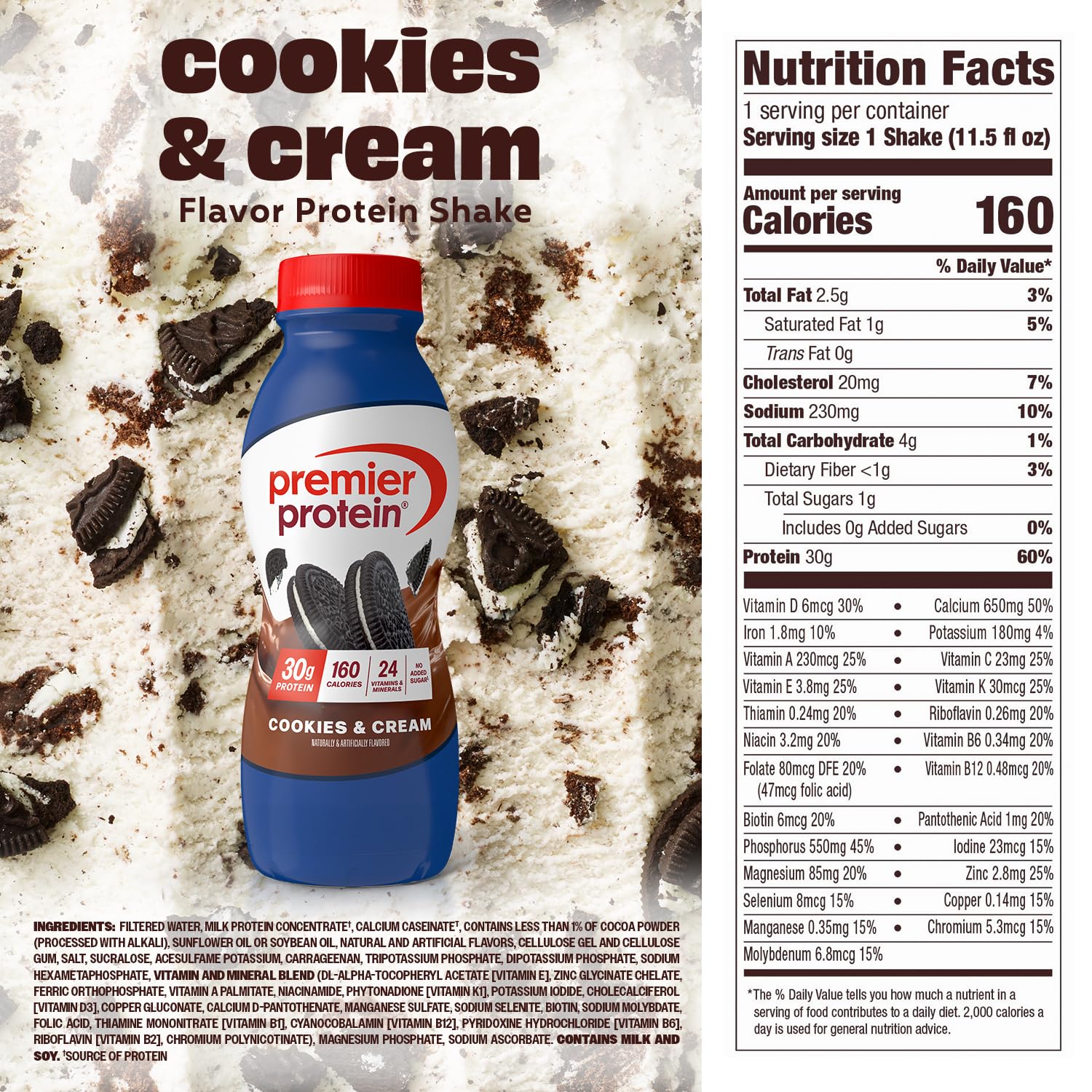 Premier Protein Shake Cookies & Cream served in a glass with creamy texture