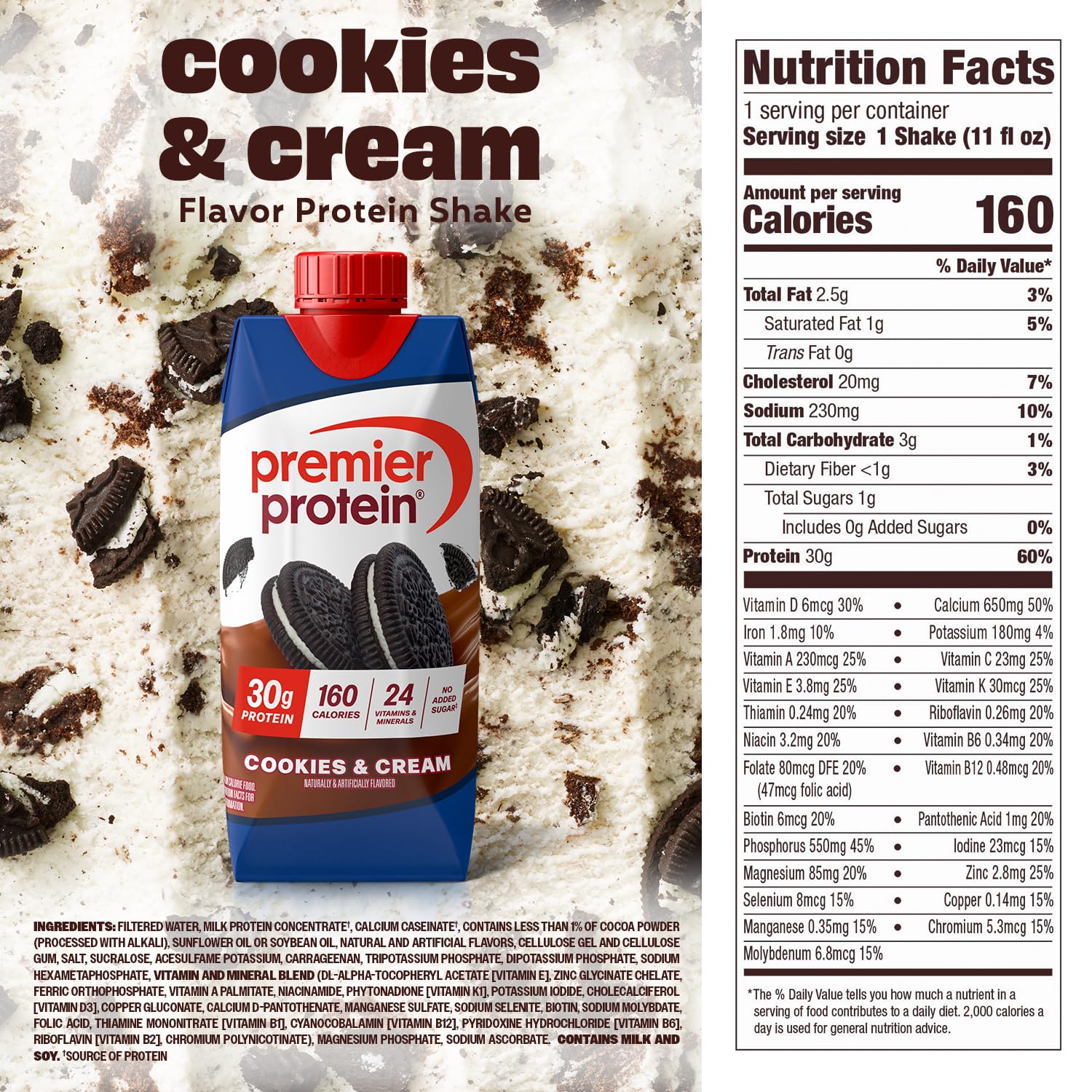 Premier Protein Shake Cookies and Cream serving glass shows creamy texture for post-workout.