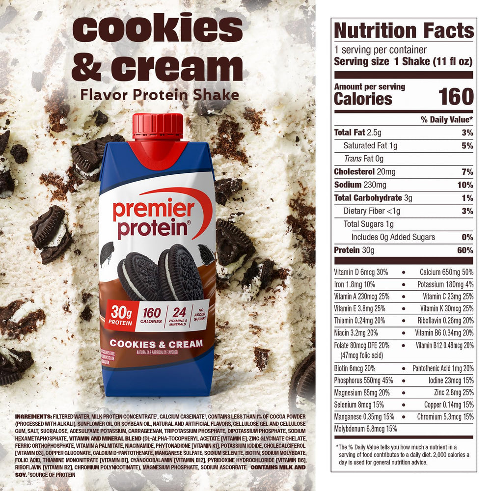 Premier Protein Shake Cookies and Cream serving glass shows creamy texture for post-workout.