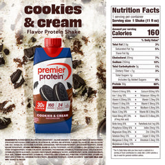 Premier Protein Shake Cookies and Cream serving glass shows creamy texture for post-workout.