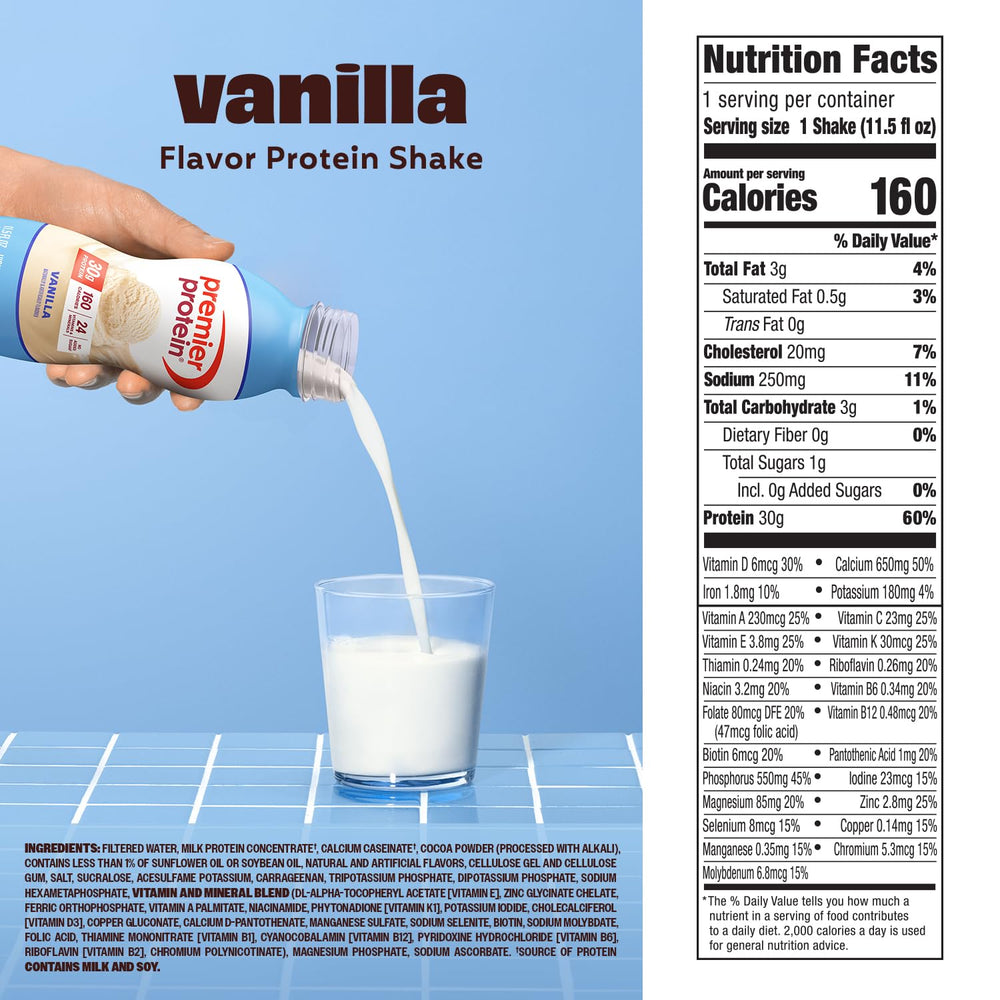Premier Protein Shake Vanilla used as a smoothie base with fruits.
