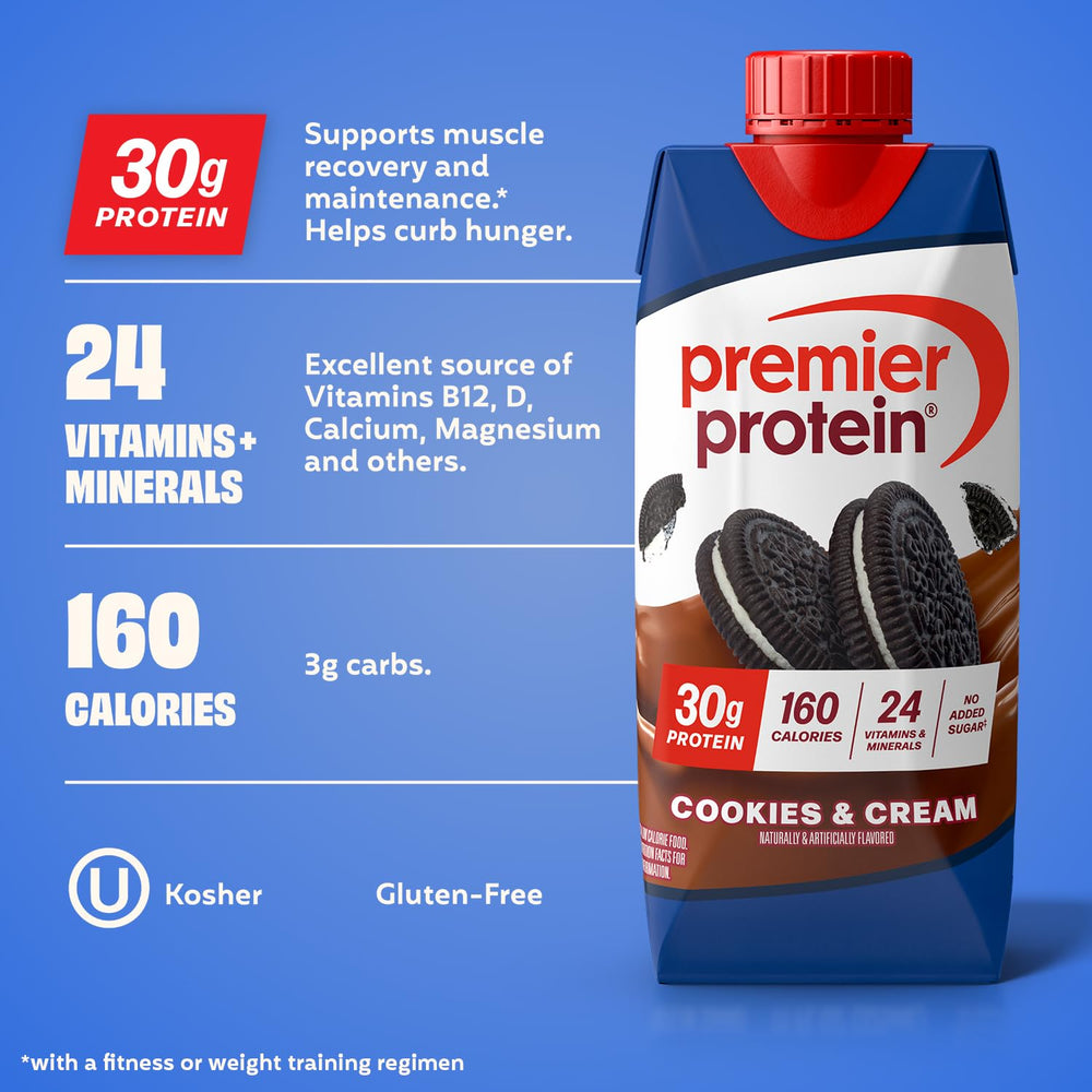 Premier Protein Shake Cookies and Cream ingredients highlight milk protein concentrate and calcium caseinate.