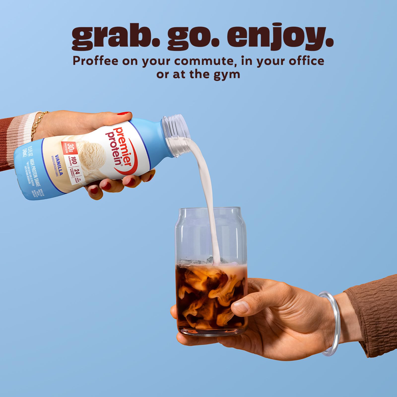 Premier Protein Shake peaches and cream glass provides refreshing nutrition.