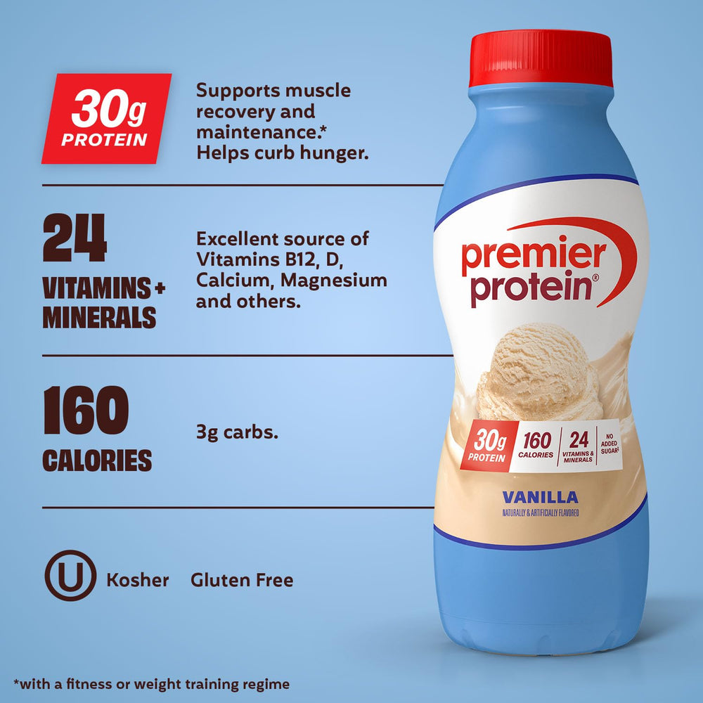 Premier Protein Shake Vanilla bottle side view showing convenient nutrition anytime