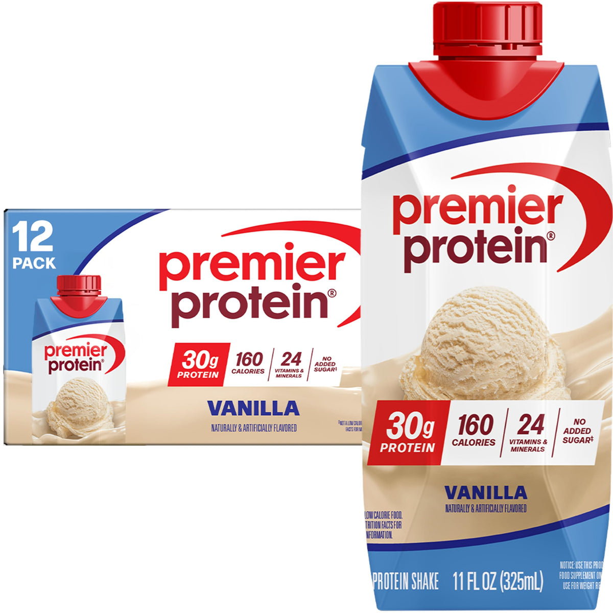 Premier Protein Shake Vanilla bottle pouring reveals creamy texture for post-workout refuel