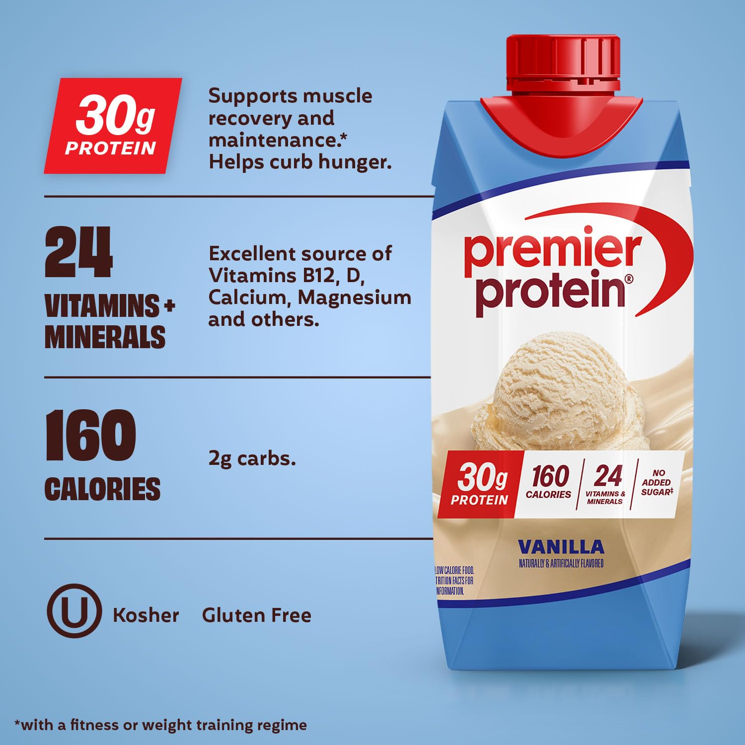 Premier Protein Shake Vanilla poured into a glass with creamy texture