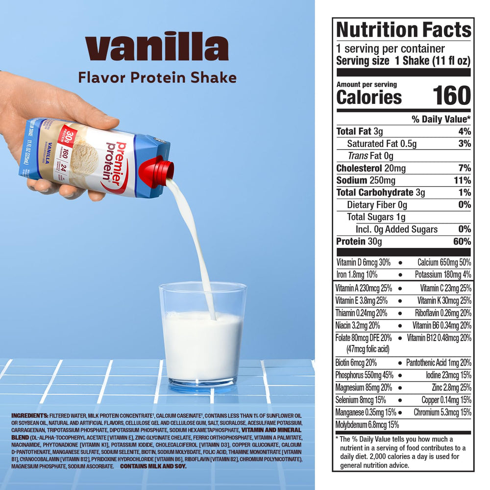 Premier Protein Shake Vanilla glass with straw highlights 30g protein per serving