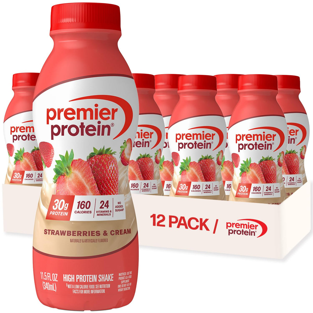 Premier Protein Strawberries & Cream bottle ready-to-drink for a quick protein snack