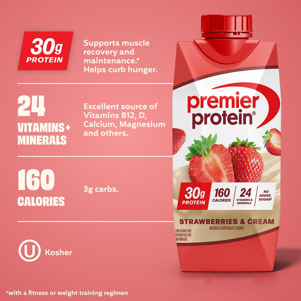 Premier Protein Strawberries & Cream label highlights 30g protein per bottle.
