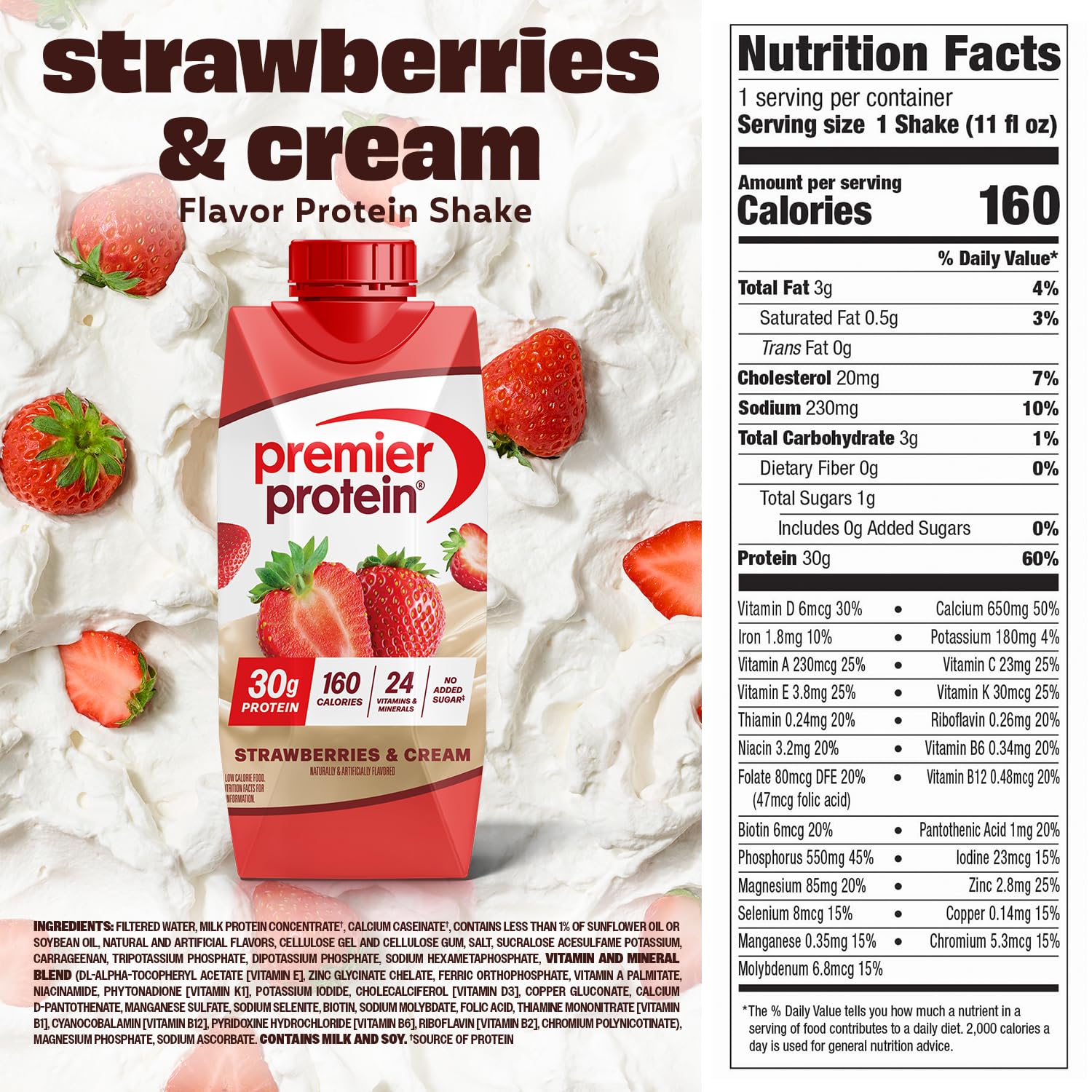 Premier Protein Strawberries & Cream pour, ideal for a quick, satisfying snack.