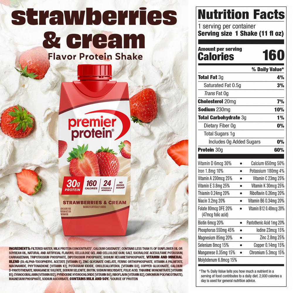 Premier Protein Strawberries & Cream pour, ideal for a quick, satisfying snack.
