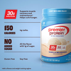Nutrition facts panel of Premier Protein Vanilla Milkshake highlighting gluten-free and soy-free ingredients