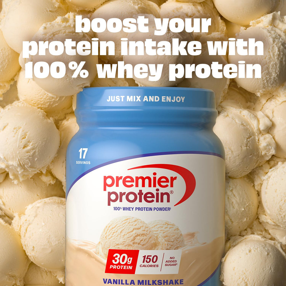 Scoop inside Premier Protein Vanilla Milkshake tub for easy measurement and quick mixing