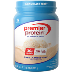 Premier Protein Vanilla Milkshake tub front showing 30g protein per serving for a convenient daily boost