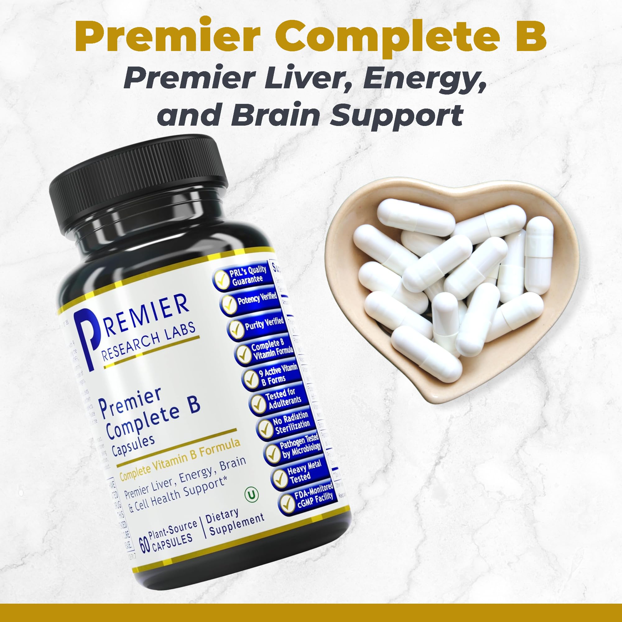 Premier Research Labs Complete B bottle label highlights nine active B vitamins for brain health