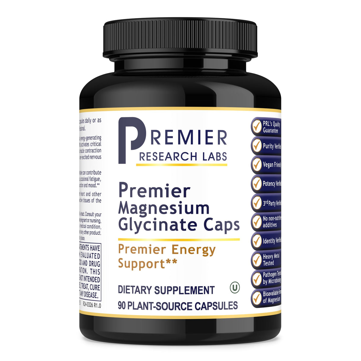 Premier Research Labs Magnesium Glycinate capsules in bottle showing high absorption