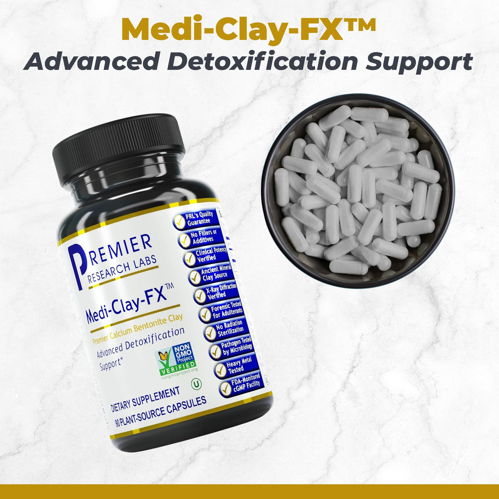 Medi-Clay-FX bottle and label highlighting vegan, additive-free formula